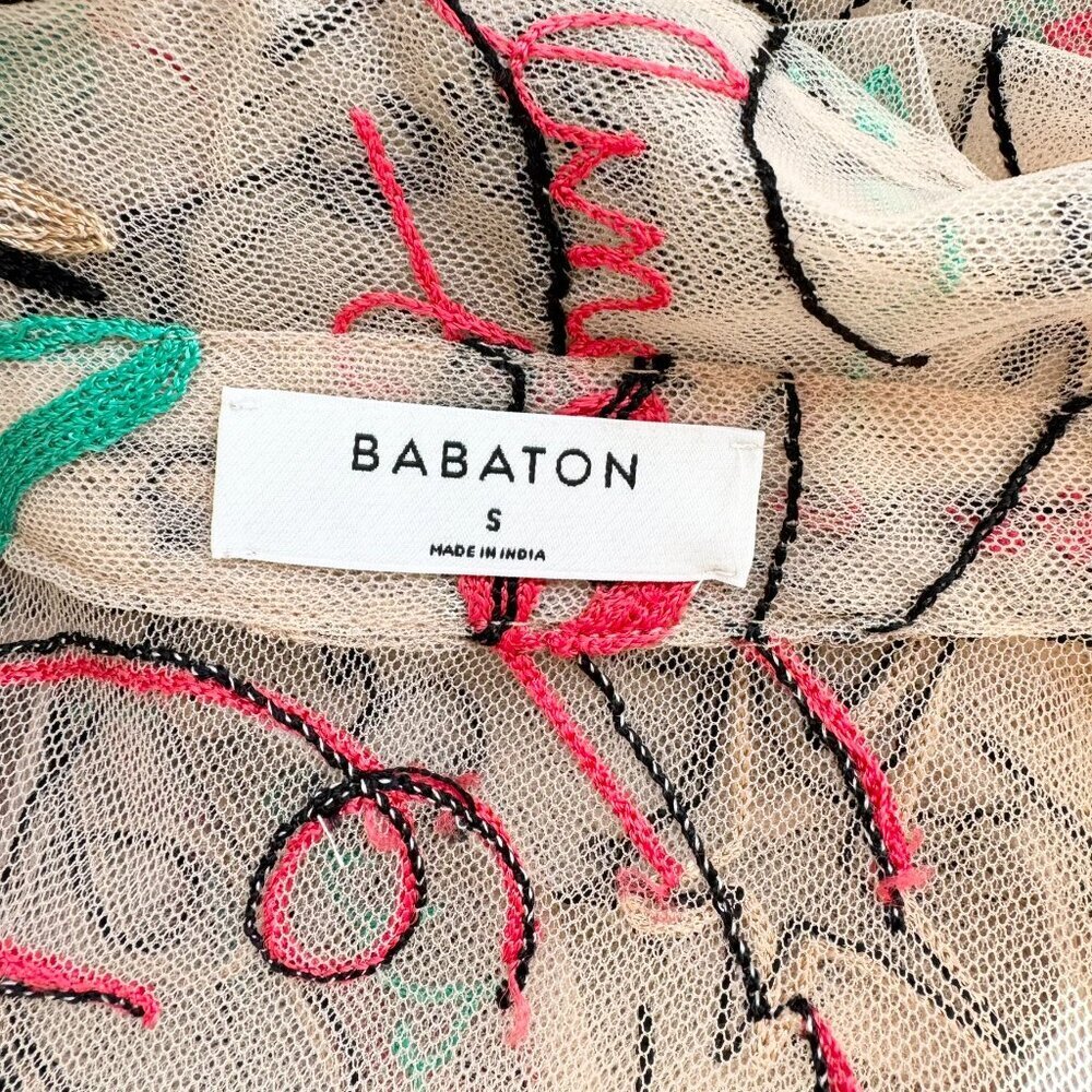 Aritzia Babaton Sheer Abstract Print Button Down Short Sleeve Shirt Embroidered - Picture 8 of 9